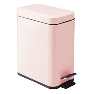 mdesign small modern 1.3 gallon rectangle metal lidded step trash can, compact garbage bin with removable liner bucket and handle for bathroom, kitchen, craft room, office, garage – light pink