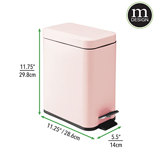 mDesign Small Modern 1.3 Gallon Rectangle Metal Lidded Step Trash Can, Compact Garbage Bin with Removable Liner Bucket and Handle for Bathroom, Kitchen, Craft Room, Office, Garage - Light Pink