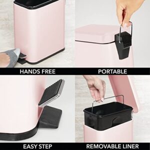 mDesign Small Modern 1.3 Gallon Rectangle Metal Lidded Step Trash Can, Compact Garbage Bin with Removable Liner Bucket and Handle for Bathroom, Kitchen, Craft Room, Office, Garage - Light Pink