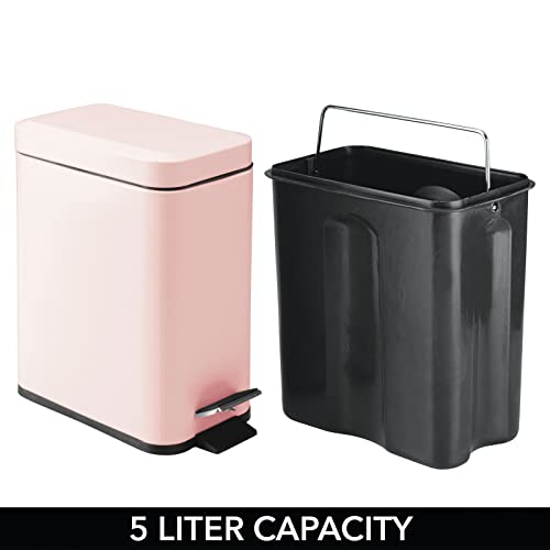 mDesign Small Modern 1.3 Gallon Rectangle Metal Lidded Step Trash Can, Compact Garbage Bin with Removable Liner Bucket and Handle for Bathroom, Kitchen, Craft Room, Office, Garage - Light Pink