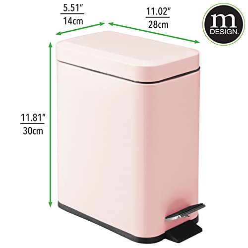 mDesign Small Modern 1.3 Gallon Rectangle Metal Lidded Step Trash Can, Compact Garbage Bin with Removable Liner Bucket and Handle for Bathroom, Kitchen, Craft Room, Office, Garage - Light Pink