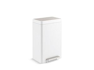 kohler k-20940-stw kitchen trash can, 13 gallon step trash can with quiet-close lid and hand free foot pedal in white stainless steel