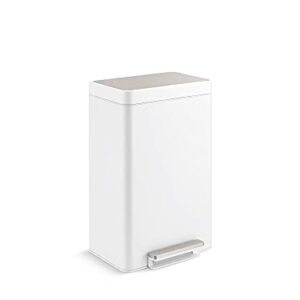 KOHLER K-20940-STW Kitchen Trash Can, 13 Gallon Step Trash Can with Quiet-Close Lid and Hand Free Foot Pedal in White Stainless Steel