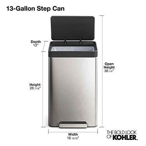 KOHLER K-20940-STW Kitchen Trash Can, 13 Gallon Step Trash Can with Quiet-Close Lid and Hand Free Foot Pedal in White Stainless Steel