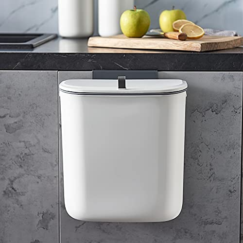 ELPHECO Kitchen Compost Bin, 2.5 Gallon Hanging Trash Can with Lid, Kitchen Cabinet Door Under Sink Plastic Garbage Can Compost Bin Wall Mounted Slide Open, White