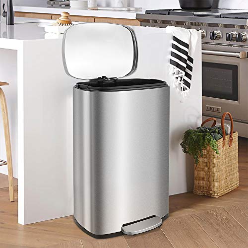 HEMBOR 13.2 Gallon(50L) Trash Can, Stainless Steel Rectangular Garbage Bin with Lid and Inner Bucket, Silent Gentle Open and Close Dustbin with Durable Pedal, Suit for Home Office Indoor Outdoor