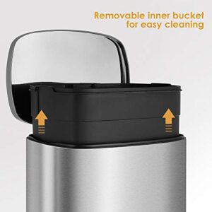 HEMBOR 13.2 Gallon(50L) Trash Can, Stainless Steel Rectangular Garbage Bin with Lid and Inner Bucket, Silent Gentle Open and Close Dustbin with Durable Pedal, Suit for Home Office Indoor Outdoor