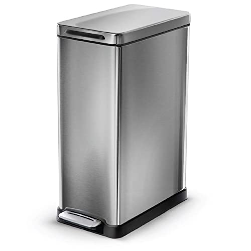 Home Zone Living 12 Gallon Slim Kitchen Trash Can, Stainless Steel, Step Pedal, 45 Liter