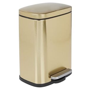 mdesign stainless steel touchless rectangular 1.3 gallon foot step trash can with lid – wastebasket container bin for bathroom, bedroom, kitchen, home office, holds garbage, waste, recycle, soft brass