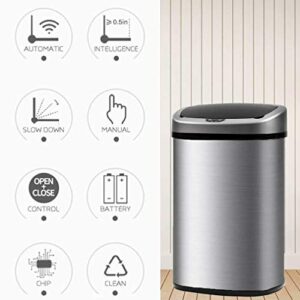 Dkeli Kitchen Trash Can for Bathroom Bedroom Home Office Automatic Touch Free High-Capacity Garbage Can with Lid Brushed Stainless Steel Waste Bin 13 Gallon / 50L