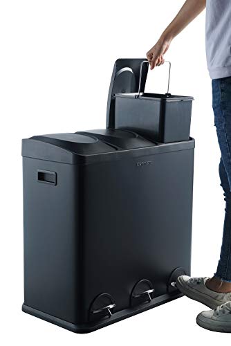 The Step N' Sort 16 Gallon, 3 Compartment Trash and Recycling Bin in Black, Large (900603B)