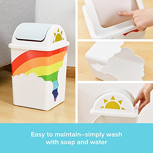 Rainbow Trash Can (1-Pack) - Cute Waste Basket for Kids Room - 9.6”x9.6”x15.7” Indoor Swing Top Trash Can with Lid - Garbage Can for School & Daycare - Swivel Touchless Garbage Cans - For Baby Nursery and Rainbow Themed Room Rainbow Baby Shower