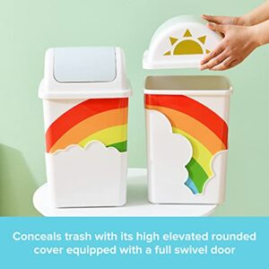 Rainbow Trash Can (1-Pack) - Cute Waste Basket for Kids Room - 9.6”x9.6”x15.7” Indoor Swing Top Trash Can with Lid - Garbage Can for School & Daycare - Swivel Touchless Garbage Cans - For Baby Nursery and Rainbow Themed Room Rainbow Baby Shower