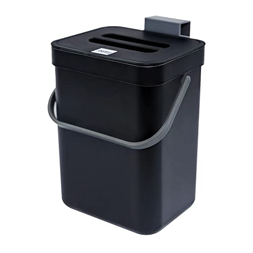 Jesintop Compost Bin for Kitchen Countertop Under Sink,Bathroom Hanging Small Trash Can with Lid,Mountable Food Waste Bucket,1.3 Gal/5 L Series,Black