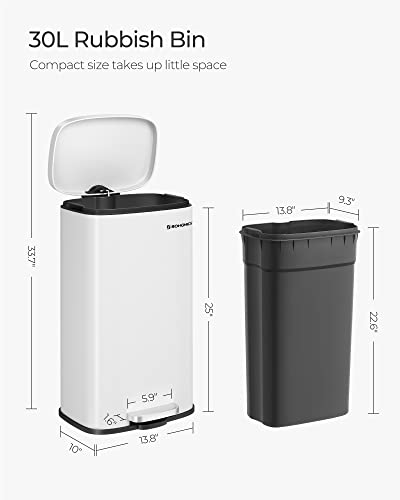 SONGMICS 8-Gallon Trash Can, Stainless Steel, with Hinged Lid, Plastic Inner Bucket, Soft Closure, Odor Proof, Hygienic, White