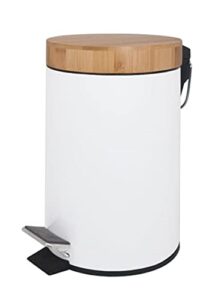 small bathroom trash can with pedal,eco friendly bamboo lid soft close,0.8 gal/3l .white steel with removable inner bin.strong &anti skid pedal.color box.unique & boutique style
