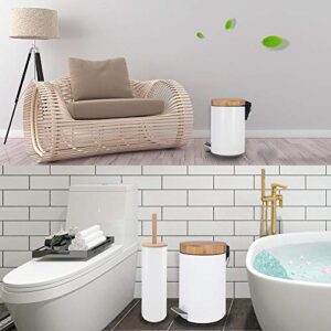 Small Bathroom Trash can with Pedal,Eco Friendly Bamboo lid Soft Close,0.8 Gal/3L .White Steel with Removable Inner bin.Strong &Anti Skid Pedal.Color Box.Unique & Boutique Style