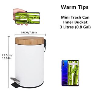 Small Bathroom Trash can with Pedal,Eco Friendly Bamboo lid Soft Close,0.8 Gal/3L .White Steel with Removable Inner bin.Strong &Anti Skid Pedal.Color Box.Unique & Boutique Style