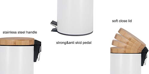 Small Bathroom Trash can with Pedal,Eco Friendly Bamboo lid Soft Close,0.8 Gal/3L .White Steel with Removable Inner bin.Strong &Anti Skid Pedal.Color Box.Unique & Boutique Style