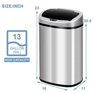 Trash Can, 13 Gallon Touch-Free Motion Sensor Stainless-Steel Garbage Can Metal Trash Bin with Lid for Kitchen Living Room Office, Electronic Touchless Automatic Closure & Opening, Silver