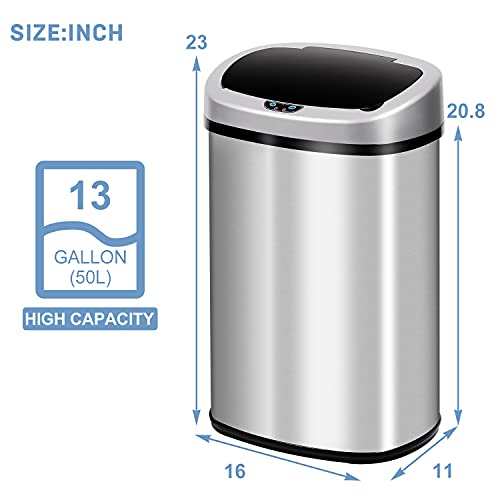Trash Can, 13 Gallon Touch-Free Motion Sensor Stainless-Steel Garbage Can Metal Trash Bin with Lid for Kitchen Living Room Office, Electronic Touchless Automatic Closure & Opening, Silver
