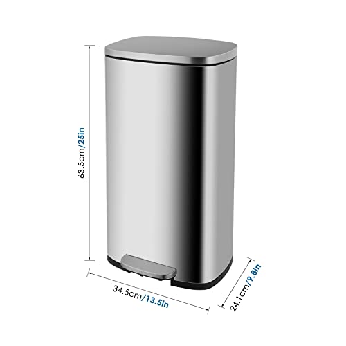 PUPL 8 Gallon(30L) Kitchen Trash Can, Brushed Stainless Steel Garbage Bin with Removable Plastic Inner Bucket & Metal Pedal, Recycle Rubbish Silent and Soft Lid for Office, Home, Outdoor, Silver