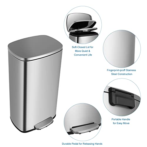 PUPL 8 Gallon(30L) Kitchen Trash Can, Brushed Stainless Steel Garbage Bin with Removable Plastic Inner Bucket & Metal Pedal, Recycle Rubbish Silent and Soft Lid for Office, Home, Outdoor, Silver