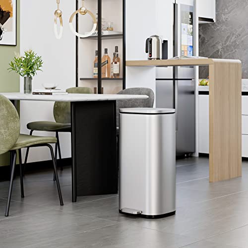 PUPL 8 Gallon(30L) Kitchen Trash Can, Brushed Stainless Steel Garbage Bin with Removable Plastic Inner Bucket & Metal Pedal, Recycle Rubbish Silent and Soft Lid for Office, Home, Outdoor, Silver