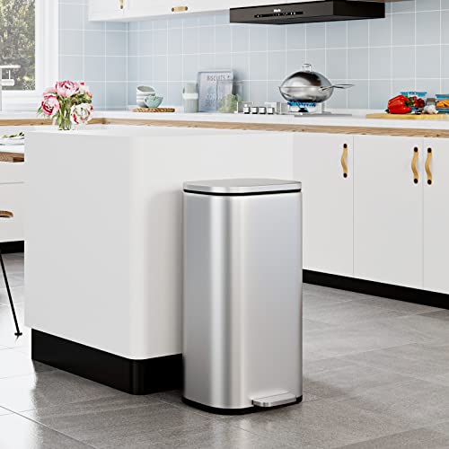 PUPL 8 Gallon(30L) Kitchen Trash Can, Brushed Stainless Steel Garbage Bin with Removable Plastic Inner Bucket & Metal Pedal, Recycle Rubbish Silent and Soft Lid for Office, Home, Outdoor, Silver