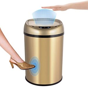conimpo 3.5 gallon automatic touchless trash can, stainless steel infrared motion sensor trash can smart garbage can with lid for kitchen bathroom bedroom living room office (champagne gold)