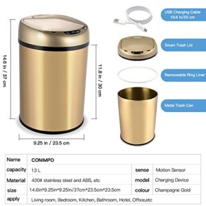 CONIMPO 3.5 Gallon Automatic Touchless Trash Can, Stainless Steel Infrared Motion Sensor Trash Can Smart Garbage Can with Lid for Kitchen Bathroom Bedroom Living Room Office (Champagne Gold)