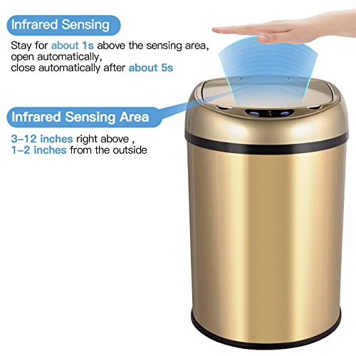 CONIMPO 3.5 Gallon Automatic Touchless Trash Can, Stainless Steel Infrared Motion Sensor Trash Can Smart Garbage Can with Lid for Kitchen Bathroom Bedroom Living Room Office (Champagne Gold)