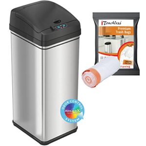 itouchless 13 gallon automatic trash can with 10 trash bags, stainless steel, big lid opening touchless sensor kitchen garbage bin