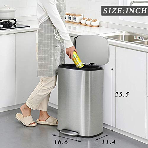 Dkeli Kitchen Trash Can with Soft Slow Lid Pedal Step Trash Can with Removable Plastic Inner Bucket Stainless Steel Garbage Can for Bathroom Kitchen and Office Trash Bin 13 Gallon / 50 Liter, Silver