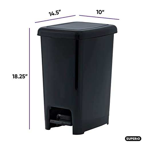 Superio Slim Step On Trash Can 6.5 Gallon, Black Waste Bin with Foot Pedal Lid 26 Liter, Kitchen, Under Desk, Office, Bedroom, Bathroom