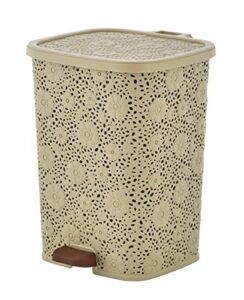 compact plastic step-on trash can, indoor and outdoor waste bin with foot pedal, beige decorative garbage bin with lace design, 6 qt small trash can for kitchen, bathroom, bedroom, patio, yard