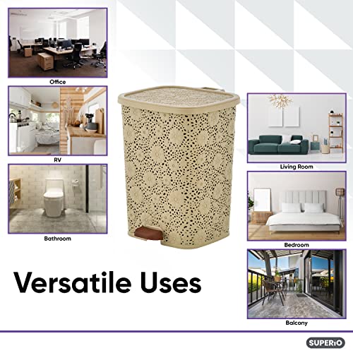 Compact Plastic Step-On Trash Can, Indoor and Outdoor Waste Bin with Foot Pedal, Beige Decorative Garbage Bin with Lace Design, 6 Qt Small Trash Can for Kitchen, Bathroom, Bedroom, Patio, Yard