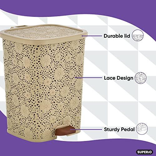 Compact Plastic Step-On Trash Can, Indoor and Outdoor Waste Bin with Foot Pedal, Beige Decorative Garbage Bin with Lace Design, 6 Qt Small Trash Can for Kitchen, Bathroom, Bedroom, Patio, Yard