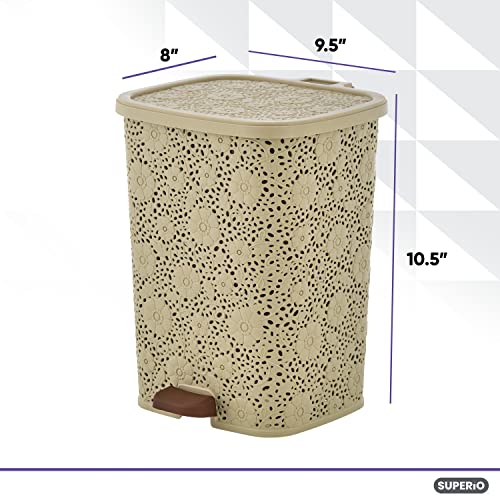 Compact Plastic Step-On Trash Can, Indoor and Outdoor Waste Bin with Foot Pedal, Beige Decorative Garbage Bin with Lace Design, 6 Qt Small Trash Can for Kitchen, Bathroom, Bedroom, Patio, Yard