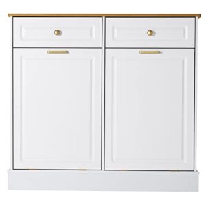 UEV Double Kitchen Trash Cabinets,Two Tilt Out Trash Cabinets with Solid Hideaway Drawers,Free Standing Wooden Kitchen Trash Can Recycling Cabinet Trash Can Holder (White)