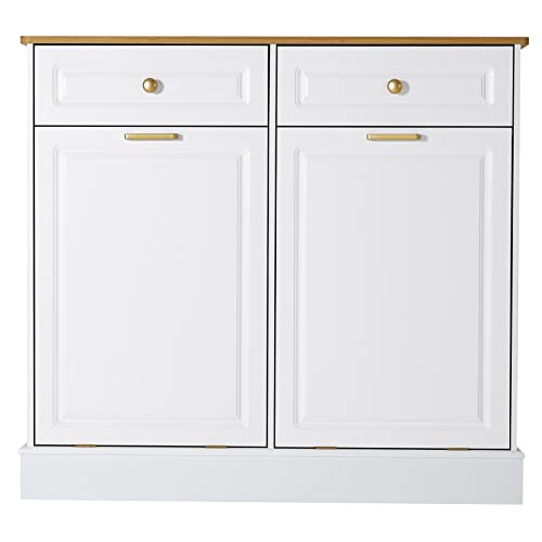 UEV Double Kitchen Trash Cabinets,Two Tilt Out Trash Cabinets with Solid Hideaway Drawers,Free Standing Wooden Kitchen Trash Can Recycling Cabinet Trash Can Holder (White)