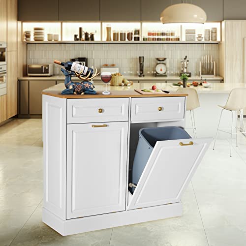 UEV Double Kitchen Trash Cabinets,Two Tilt Out Trash Cabinets with Solid Hideaway Drawers,Free Standing Wooden Kitchen Trash Can Recycling Cabinet Trash Can Holder (White)