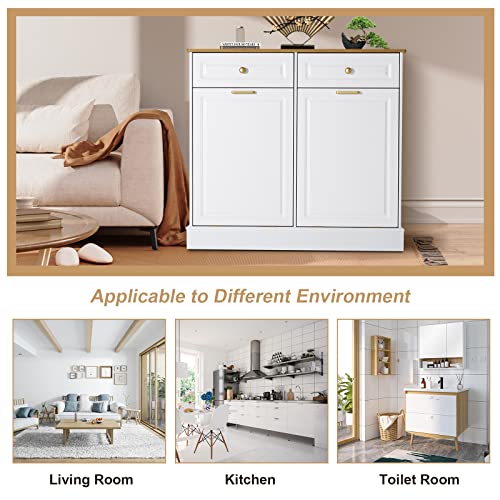 UEV Double Kitchen Trash Cabinets,Two Tilt Out Trash Cabinets with Solid Hideaway Drawers,Free Standing Wooden Kitchen Trash Can Recycling Cabinet Trash Can Holder (White)