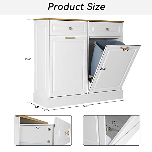 UEV Double Kitchen Trash Cabinets,Two Tilt Out Trash Cabinets with Solid Hideaway Drawers,Free Standing Wooden Kitchen Trash Can Recycling Cabinet Trash Can Holder (White)