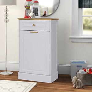 Anbuy Tilt Out Trash Cabinet Can Bin Kitchen Wooden Trash Can Free Standing Holder Recycling Cabinet with Hideaway Drawer Wooden Trash Holder (White)