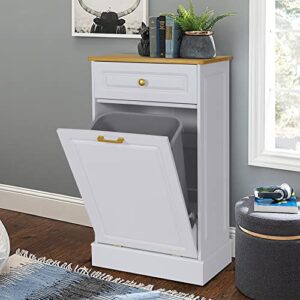 Anbuy Tilt Out Trash Cabinet Can Bin Kitchen Wooden Trash Can Free Standing Holder Recycling Cabinet with Hideaway Drawer Wooden Trash Holder (White)