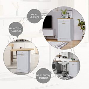 Anbuy Tilt Out Trash Cabinet Can Bin Kitchen Wooden Trash Can Free Standing Holder Recycling Cabinet with Hideaway Drawer Wooden Trash Holder (White)