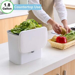 Tiyafuro 1.8 Gallon Kitchen Compost Bin for Countertop or Under Sink, Hanging Small Trash Can with Lid for Cabinet Door, Mountable Garbage Can for Bathroom, Odorless Compost Bucket White