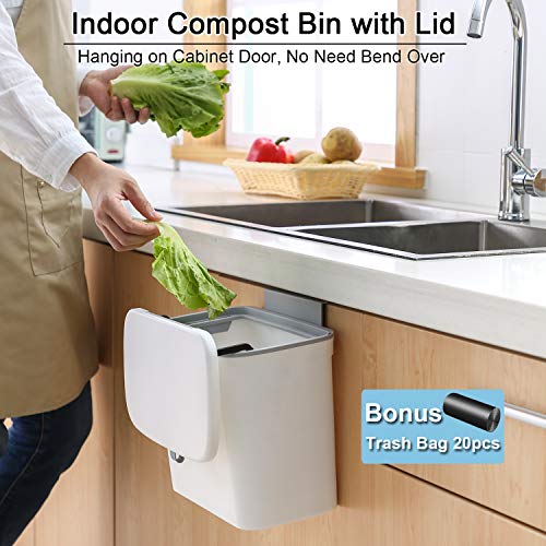 Tiyafuro 1.8 Gallon Kitchen Compost Bin for Countertop or Under Sink, Hanging Small Trash Can with Lid for Cabinet Door, Mountable Garbage Can for Bathroom, Odorless Compost Bucket White