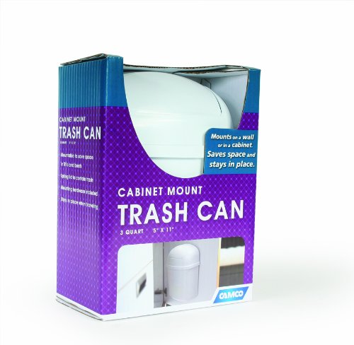 Camco RV Cabinet Mount Trash Can | Ideal for Tight Spaces in RVs, Boats, Dorms, Kitchens, Bathrooms, Laundry Rooms, and More | Spring-Top Lid | 3-Quart, White (43961)